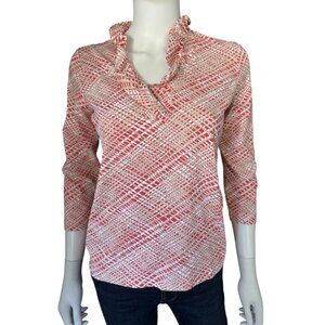 J.McLaughlin Womens 3/4 -Sleeve Red & White Patterned Blouse Ruffle Neck S